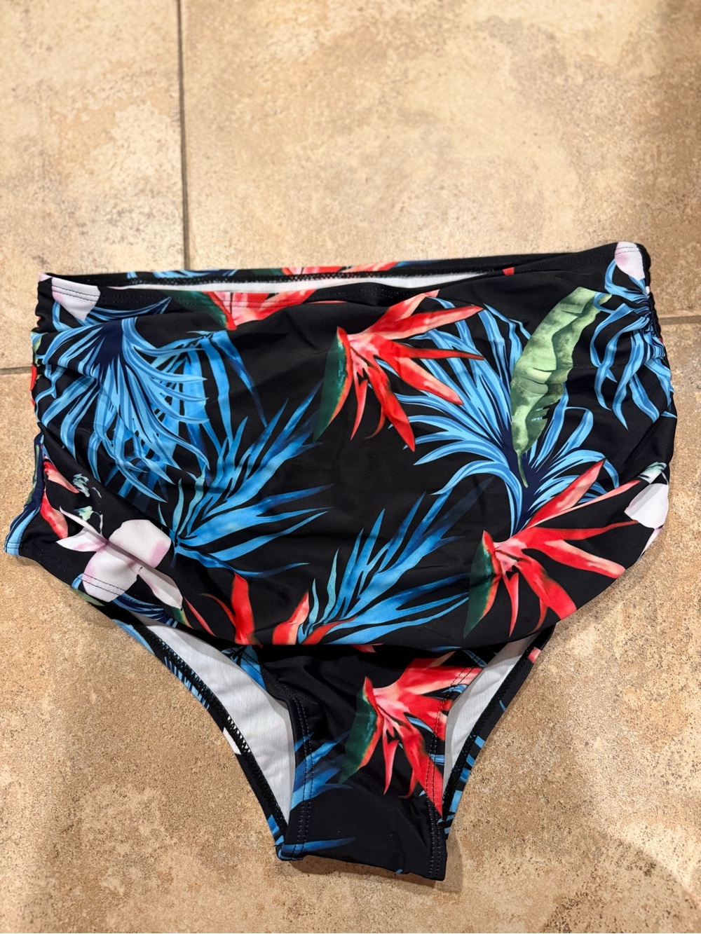 High-Waist Tropical Print Bikini Bottoms - Black with Blue & Red Floral